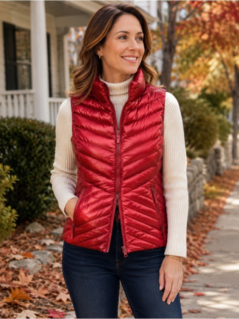 Talbots Down Puffer Vest Medium Red Quilted Glossy Full Zip
